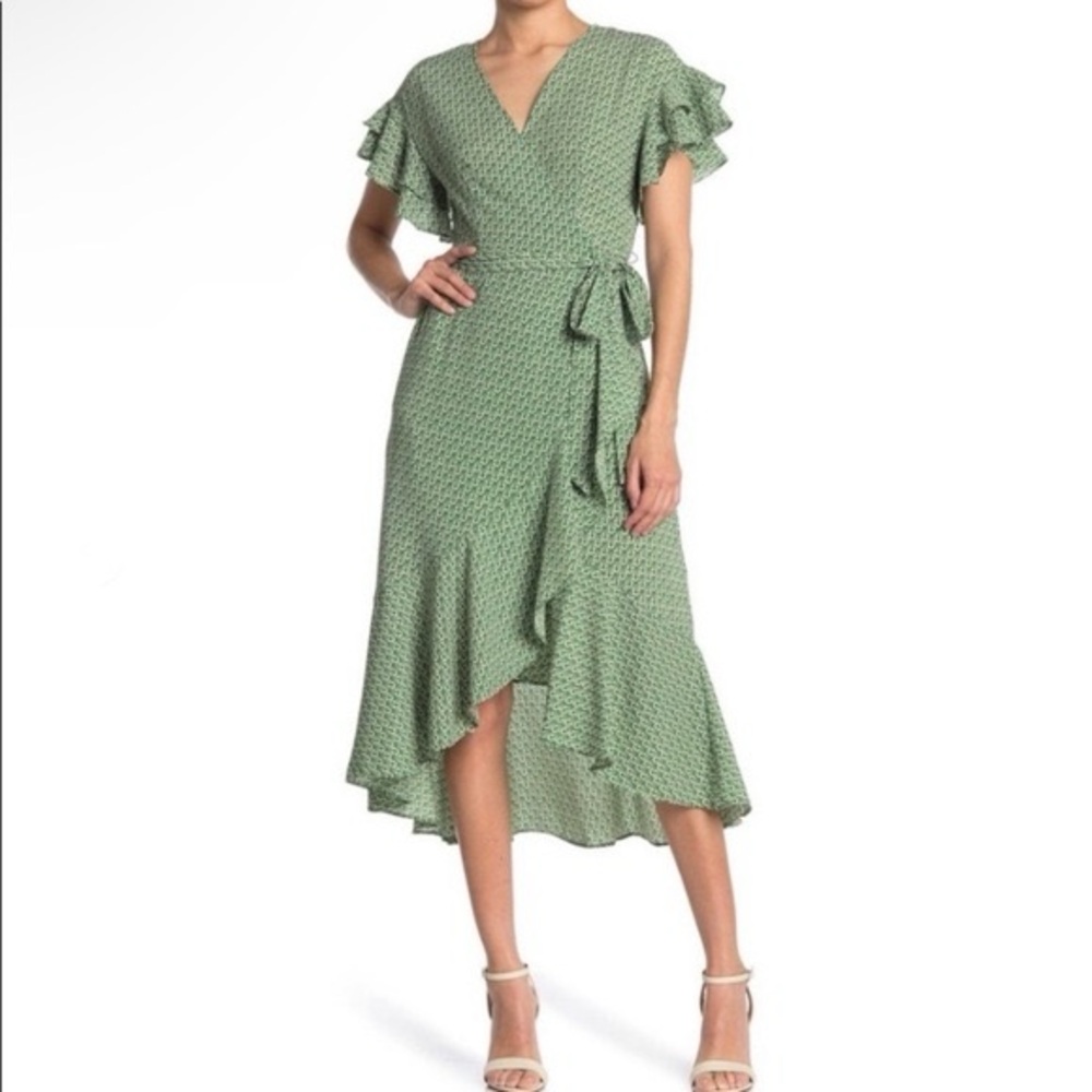 Max Studio Midi Wrap Dress   Flowing Ruffle Green & ivory Flutter Sleeves size L